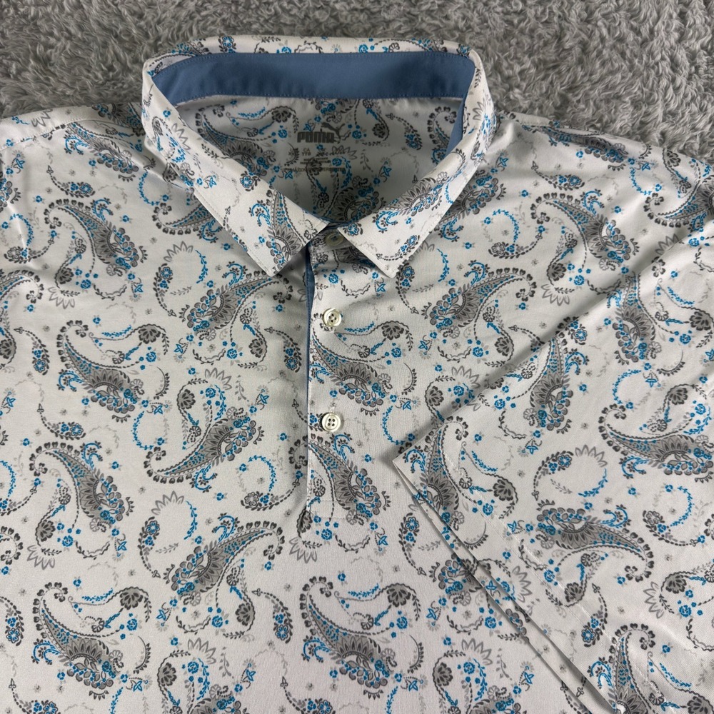 Puma Golf Mens XXL Paisley Performance Polo Shirt Blue White Short Sleeve